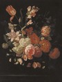 Tulips, roses, chrysanthemums, carnations, morning glory and other flowers in a glass vase on a ledge - (after) Rachel Ruysch
