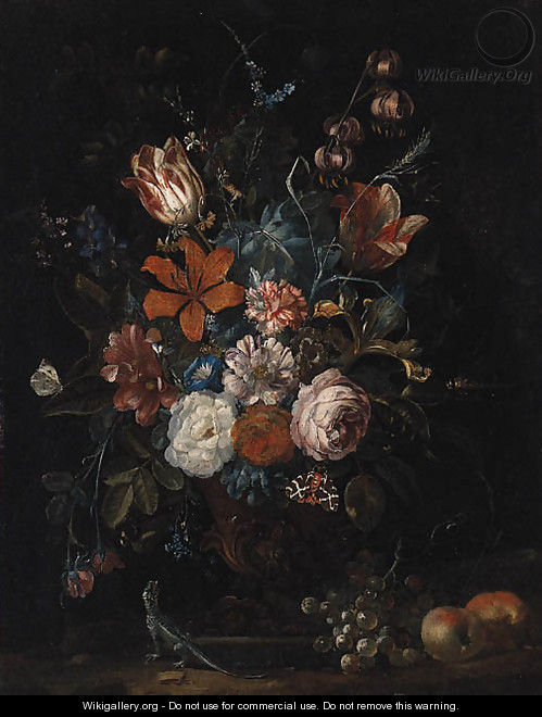 Roses, Tulips, Lillies, Carnations, Convolvulus and other Flowers in an ornamental Vase with Apples - (after) Rachel Ruysch
