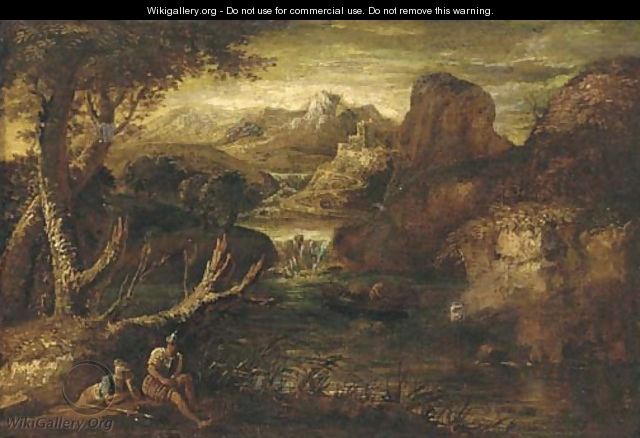 A mountainous river landscape with two soldiers at rest - (after) Rosa, Salvator