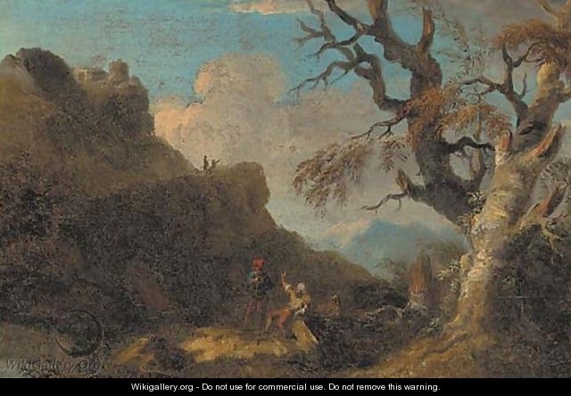 A mountainous landscape with figures resting by a tree - (after) Rosa, Salvator
