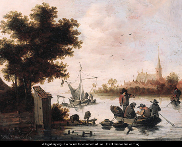Fishermen laying lobster pots from a rowing boat on a river - (after) Salomon Van Ruysdael