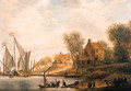 A wooded river landscape with townsfolk disembarking - (after) Salomon Van Ruysdael