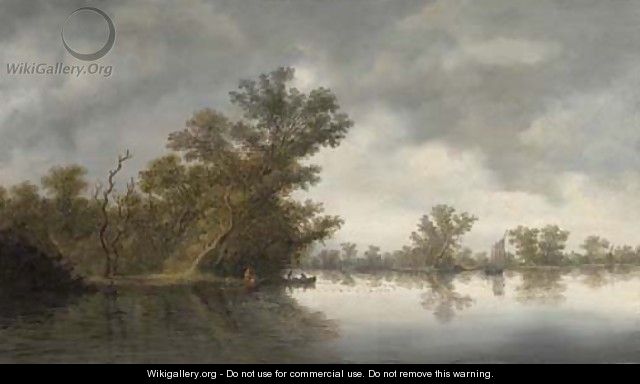 A wooded river landscape with fisherman in boats - (after) Salomon Van Ruysdael
