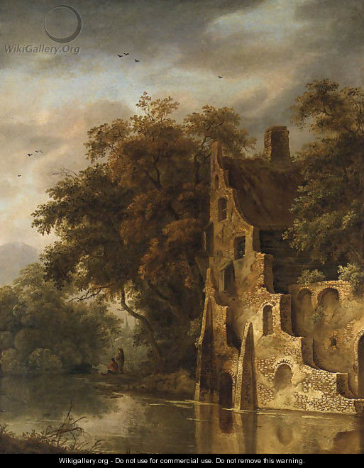 A wooded River Landscape with a Ruin, Anglers on a Bank beyond - (after) Roelof Van Vries