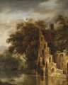 A wooded River Landscape with a Ruin, Anglers on a Bank beyond - (after) Roelof Van Vries