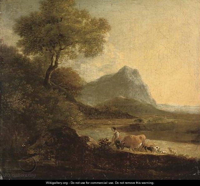 A drover with cattle and sheep in a mountainous landscape - (after) Richard Wilson