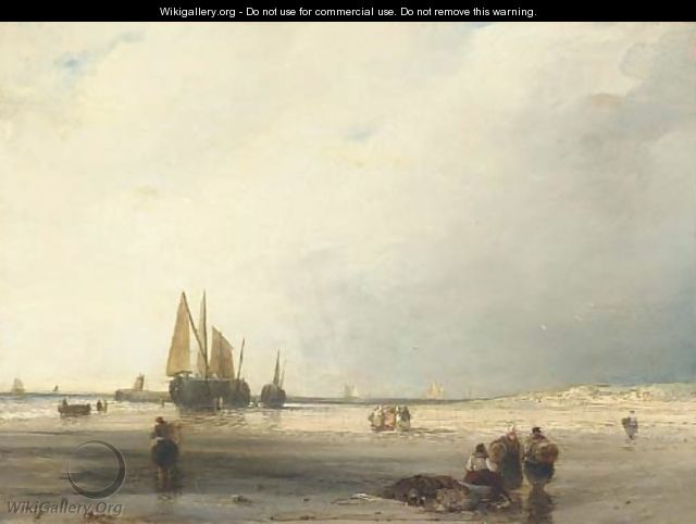 Fisherfolk on a beach at low tide - (after) Richard Parkes Bonington