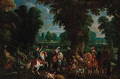 A hawking party in an extensive wooded landscape - (after) Sebastian Vranx