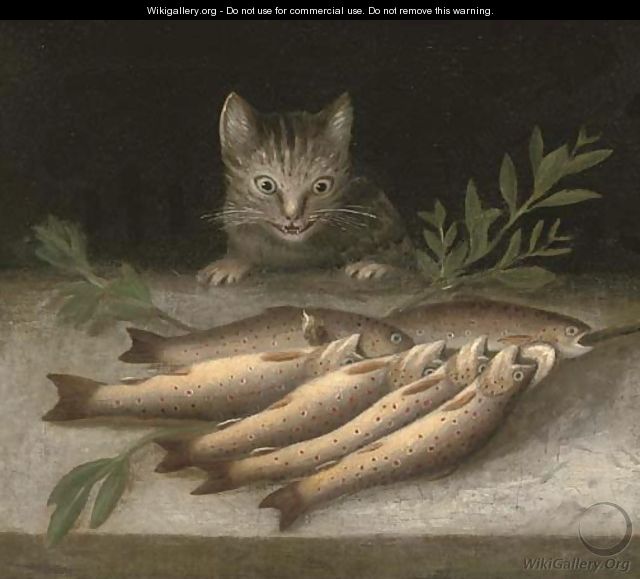 A table of dead fish with a cat looking on - (after) Sebastien Stoskopff