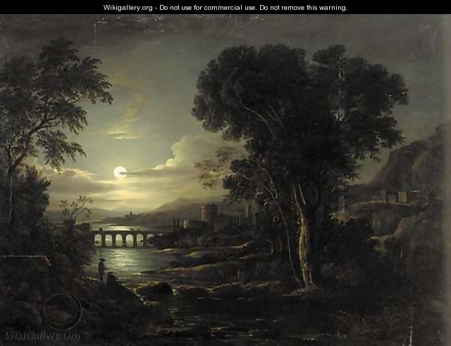 Figures in a moonlit Italianate river landscape 2 - (after) Sebastian Pether