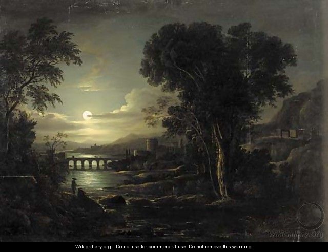 Figures in a moonlit Italianate river landscape - (after) Sebastian Pether