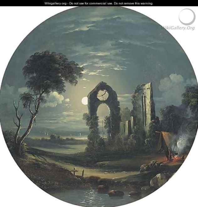 Figures camping next to ruins by moonlight - (after) Sebastian Pether