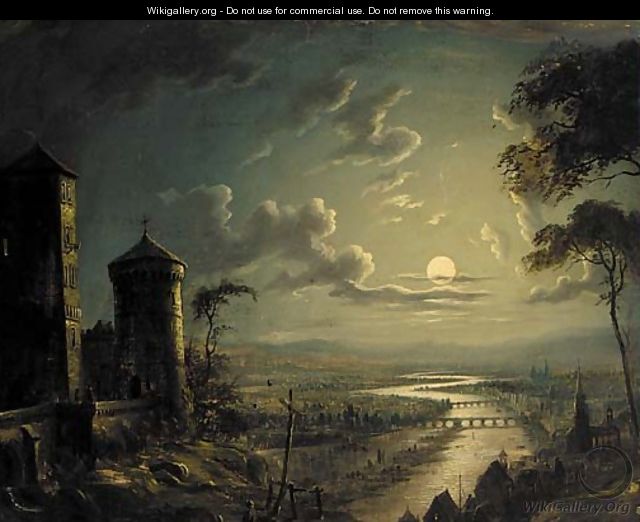 A castle on a mount in a moonlit river landscape - (after) Sebastian Pether