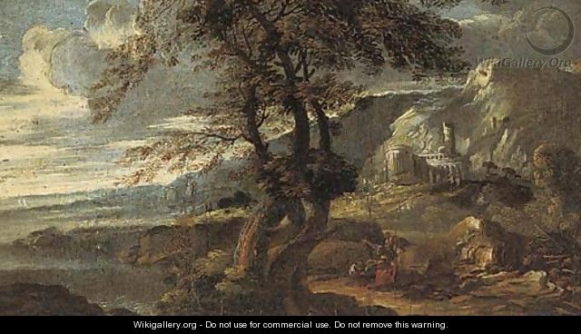 An extensive coastal landscape with classical ruins and figures at rest - (after) Rosa, Salvator