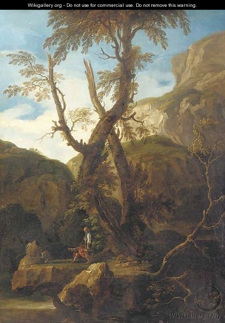 A rocky landscape with anglers by a stream - (after) Rosa, Salvator