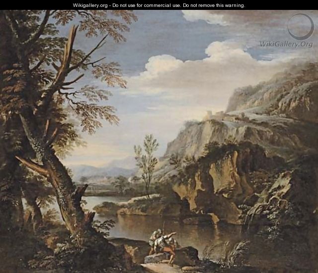 A mountainous wooded landscape with soldiers on a river bank - (after) Rosa, Salvator