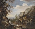 A mountainous wooded landscape with soldiers on a river bank - (after) Rosa, Salvator