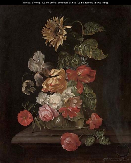 Roses, parrot tulips, an iris, anemones and a sunflower in a glass vase on a stone ledge - (after) Simon Pietersz. Verelst