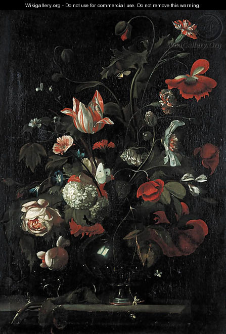 Roses, tulips, carnations and other flowers in a glass vas on a stone ledge - (after) Simon Pietersz. Verelst