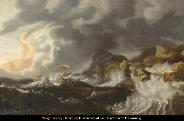 A gale threemasters foundering off a rocky coast - (after) Simon De Vlieger