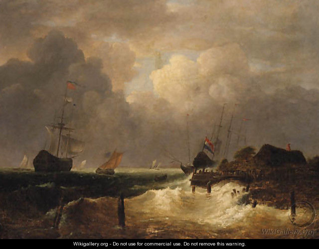 A coastal Landscape with Dutch Frigates in a Swell offshore - (after) Simon De Vlieger