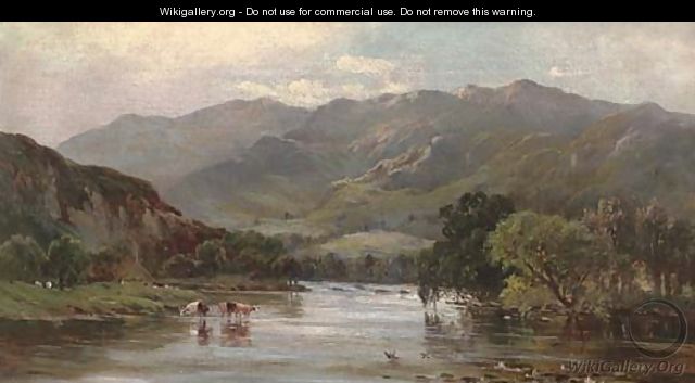 Cattle watering in a mountainous landscape - (after) Sidney Richard Percy