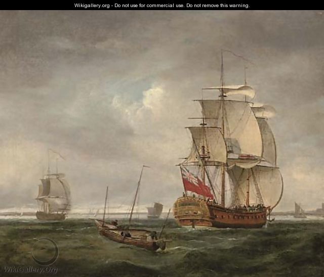 An English frigate coming into port and making ready to anchor - (after) Peter Monamy