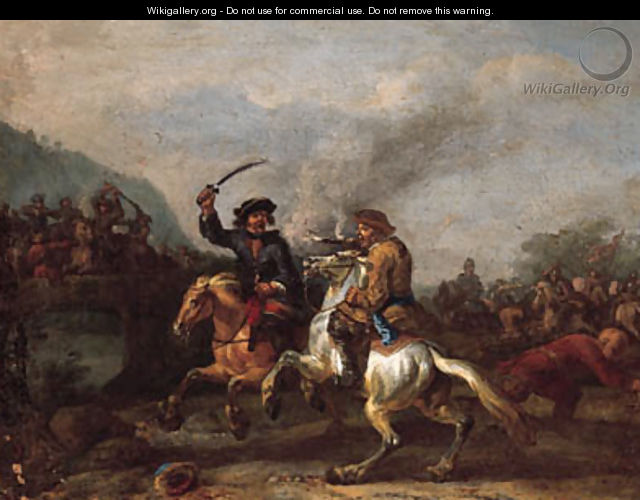 A cavalry skirmish by a bridge - (after) Peeter Verdussen