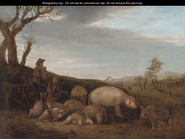 A swineherd with pigs in a landscape - (after) Paulus Potter