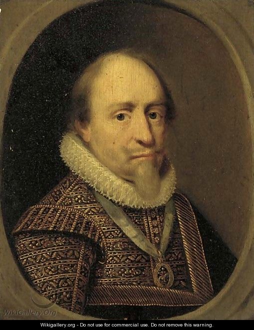 Portrait of a gentleman in a gold-embroidered jacket and lace ruff, feigned oval - (after) Paulus Van Somer