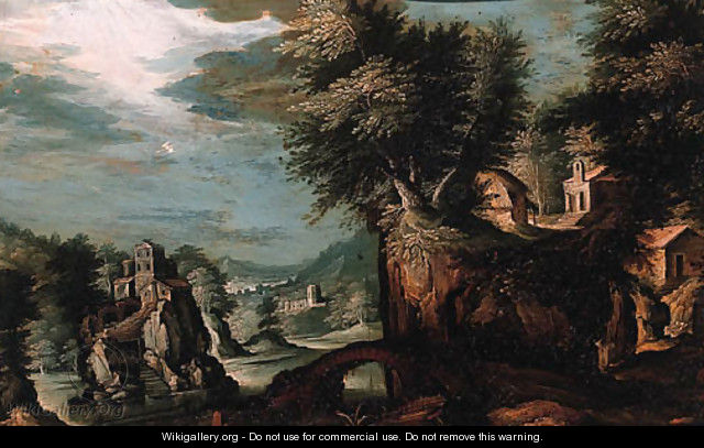 Cottages on a cliff overlooking a valley with a castle on a rock beyond - (after) Paul Bril