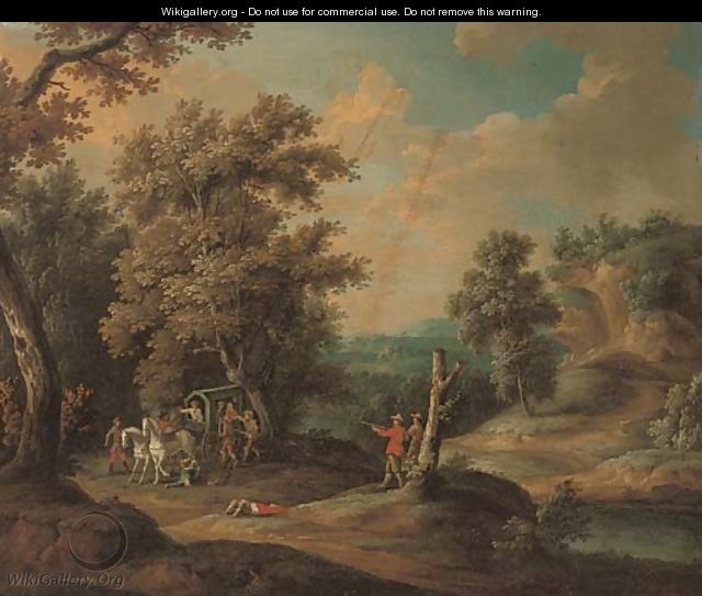 A wooded river landscape with brigands ambushing a carriage - (after) Paul Bril