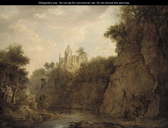 Anglers on the bank of a river gorge, Rosslyn castle beyond - (after) Patrick Nasmyth
