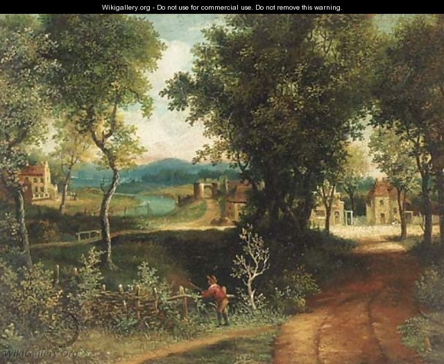 An angler in a wooded landscape with a village beyond - (after) Patrick Nasmyth