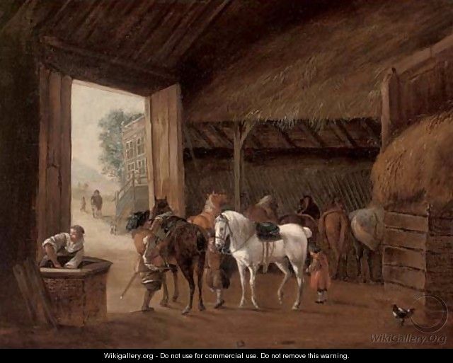 A Stable Interior With Two Figures Mounting Horses After