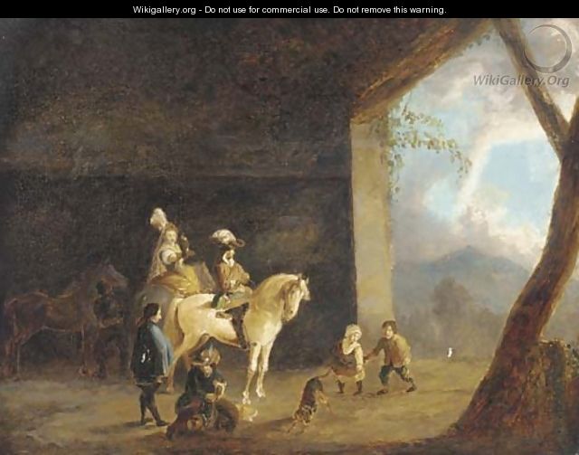 A hawking party setting out from a barn - (after) Philips Wouwerman