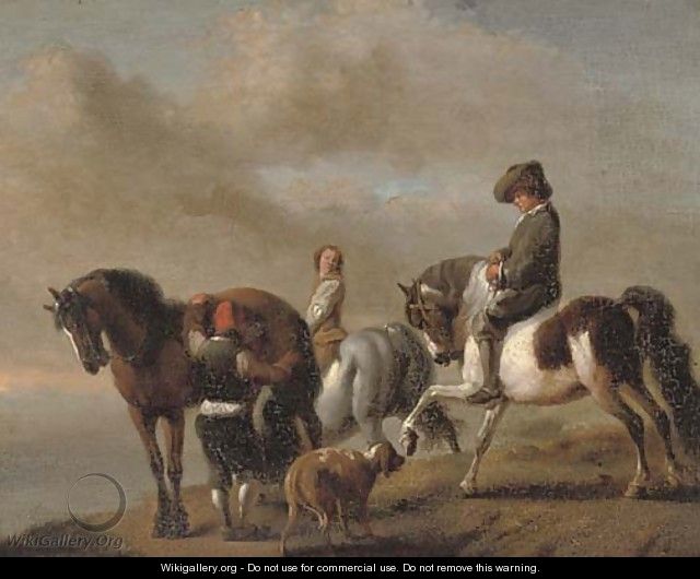 A landscape with horsemen by a bank - (after) Philips Wouwerman