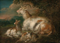 Goats and a kid in a wooded landscape - (after) Philipp Peter Roos