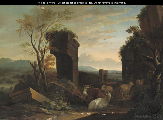 An Italianate landscape with cattle among ancient ruins, a river and a waterfall beyond - (after) Philipp Peter Roos