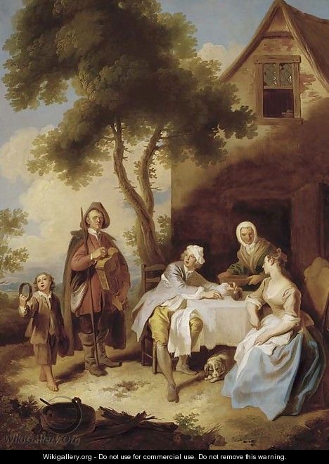 Minstrels performing for a couple at a table outside an inn - (after) Mercier, Philippe
