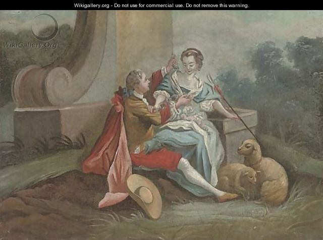 A gentleman courting a shepherdess in a landscape - (after) Mercier, Philippe