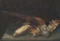 A dead pheasant, partridge and woodcock on a stone ledge - (after) Ferdinand Phillip De Hamilton