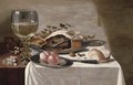 A pie on a pewter plate, a giant roemer, peaches on a pewter plate - (after) Pieter Claesz