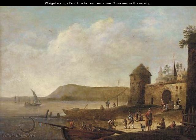 A coastal inlet with figures on the shore near a town - (after) Pieter Bout