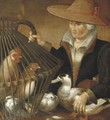 A woman holding a duck and a bird cage with chickens and a dove - (after) Pieter Aertsen
