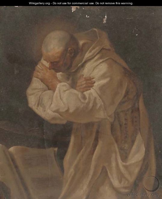 A monk in white robes praying before a book - (after) Pierre Subleyras