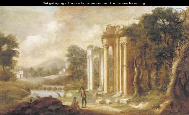 A landscape with gentlemen inspecting classical ruins - (after) Pierre-Antoine The Younger Patel