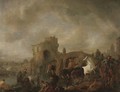 A hawking party with washerwomen and bathers, a ship, a bridge and a town beyond - (after) Philips Wouwerman