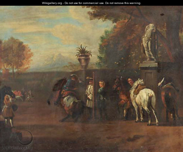 A hunting party and cavalrists at a riding school, in Italianate landscapes - (after) Pieter Van Bloemen