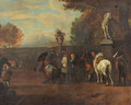 A hunting party and cavalrists at a riding school, in Italianate landscapes - (after) Pieter Van Bloemen